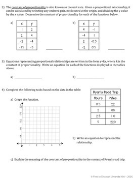 Proportional Relationships Worksheet by Free to Discover TPT