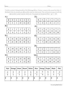 Constant of Proportionality (Tables) Color By Number Activity | TpT
