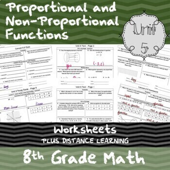 Preview of Proportional and Non-Prop. Functions - Unit 5 -8th Grade- Worksheets + Distance