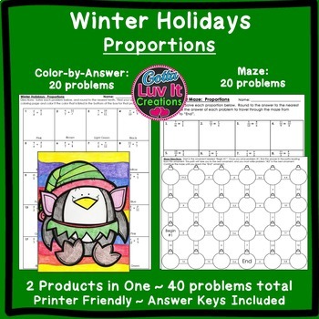 Preview of Christmas Math Winter Math Solving Proportions Maze & Color by Number Activity