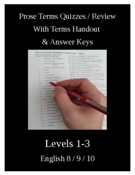 Preview of Prose Terms Matching Quiz, MC & Crossword Review - keys & Terms Def. Handout