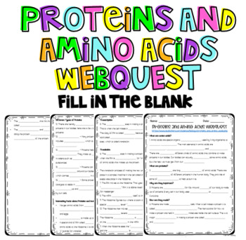 Preview of Proteins and Amino Acids Webquest: Fill in the Blank