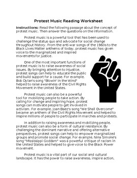Preview of Protest Music Reading Worksheet **Editable**
