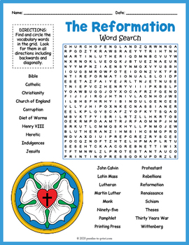 PROTESTANT REFORMATION Word Search Puzzle Worksheet Activity | TpT