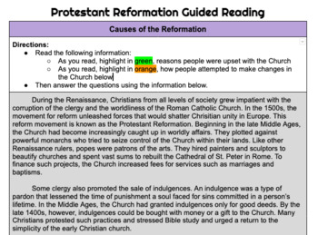 Preview of Protestant Reformation Guided Reading