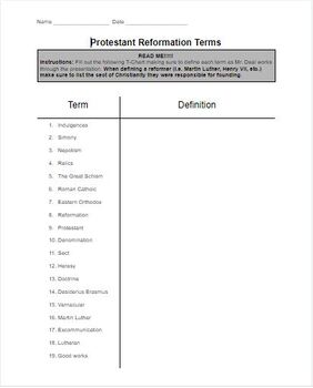 Preview of Protestant Reformation: Terms and definitions - Editable Google Doc