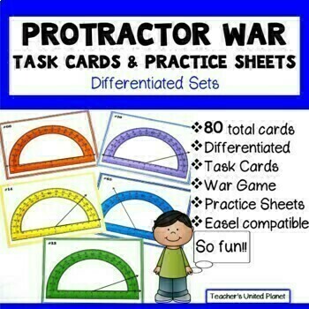 Preview of Measuring Angles using a Protractor/Angle Games - Task Cards/Worksheets + Easel