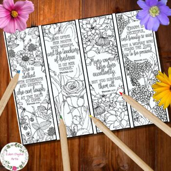 Proverbs 31 Woman Coloring Bible Verse Bookmarks Cards Floral Scripture 