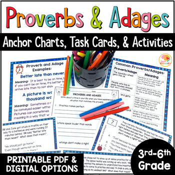 Preview of Proverbs and Adages Activities: Anchor Charts, Task Cards, and Worksheets