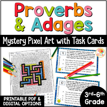 Preview of Proverbs and Adages Color by Number Pixel Art Task Cards Activity Digital Option