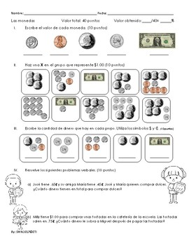 Preview of Prueba corta sobre Monedas y equivalencias