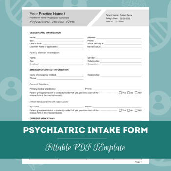 Preview of Psychiatric Intake Form | Fillable / Editable PDF Template