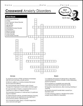 Crossword Anxiety Disorders Worksheet Answers | crossword quiz