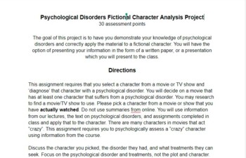 Preview of Psychology Disorders Fictional Character Analysis