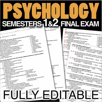 Preview of Psychology Final Exams - Semester 1 & 2 (Over 330 Editable Questions)