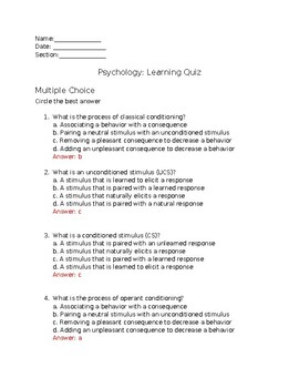 Preview of Psychology Learning Theories Quiz and Answer Key