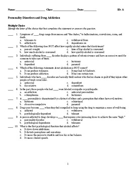 Preview of Psychology - Personality Disorders and Drug Addiction (Quiz or Study Guide)