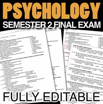 Preview of Psychology Semester 2 Final Exam (Over 180 Editable Questions)