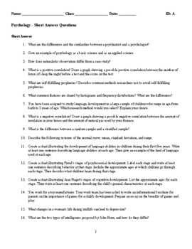 Preview of Psychology - Short Answer Questions - Intro to Psychology Course