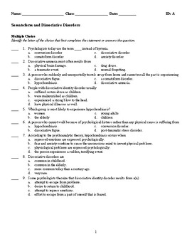 Preview of Psychology - Somatoform and Dissociative Disorders (Quiz or Study Guide)