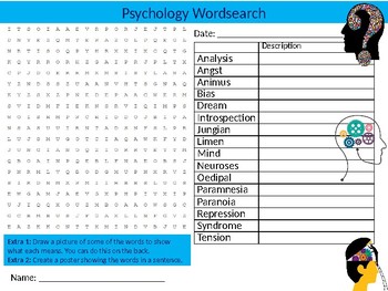 Preview of Psychology Wordsearch Sheet Starter Activity Keywords Mind Brain