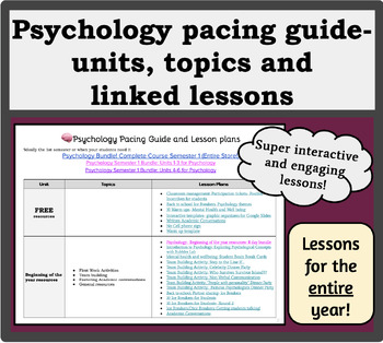 Preview of Psychology pacing guide and links to TpT lessons
