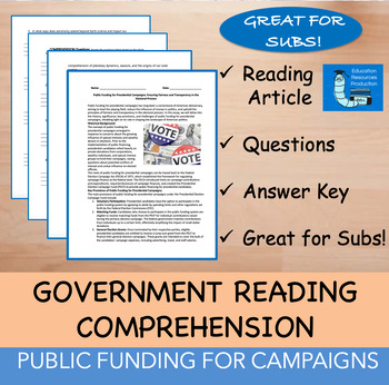 Preview of Public Funding for President - Reading Comprehension Passage & Questions