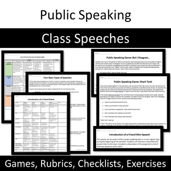 Preview of Public Speaking & Class Speech Games, Rubrics, Checklists, & Types of Speeches