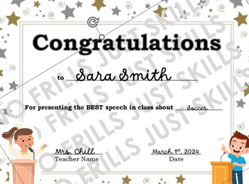 Preview of Public Speaking Speech Certificate Award and Rubric- Editable