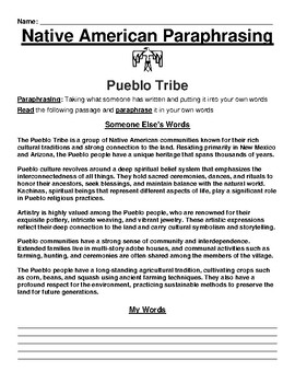 Preview of Pueblo Tribe Paraphrasing Worksheet