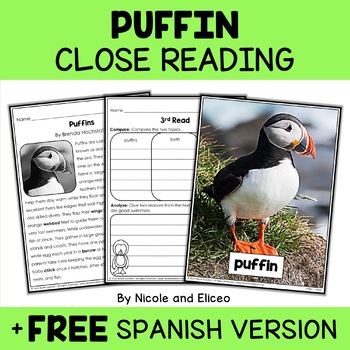 Preview of Puffin Close Reading Comprehension Passage Activities + FREE Spanish