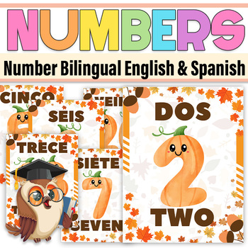 Preview of Pumpkin Bilingual English & Spanish Number Flashcards 0 - 20|Fall Numbers 0 -20