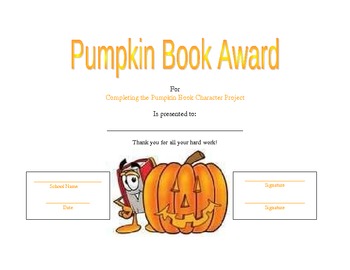 Preview of Pumpkin Book Character Certificate