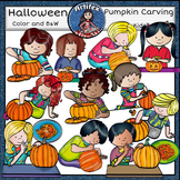 Pumpkin Carving Kids clip art- color and B&W