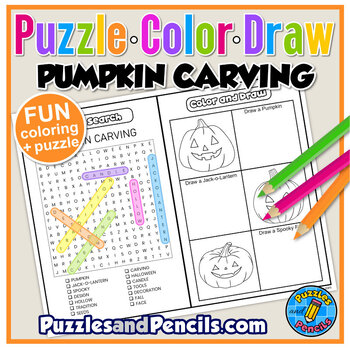 Pumpkin Carving Word Search Puzzle and Coloring Activity Puzzle