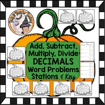 Preview of Pumpkin Decimals Word Problems Stations + Answer KEY Fall Halloween