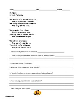 Preview of Pumpkin Halloween Poem with Comprehension Questions