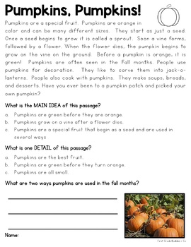 Pumpkin Reading Comprehension | Pumpkin Lifecycle | Pumpkin Activities