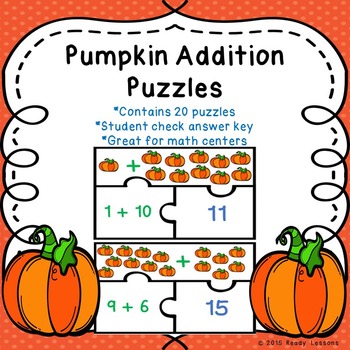 Preview of Fall Math Center Pumpkin Maths Activity Addition to 20 Game Puzzles