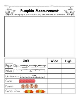 Preview of Pumpkin Math Measurement Table: Draw, measure, chart for Halloween Thanksgiving