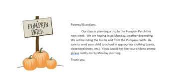 Preview of Pumpkin Patch Field Trip Letter To Parents