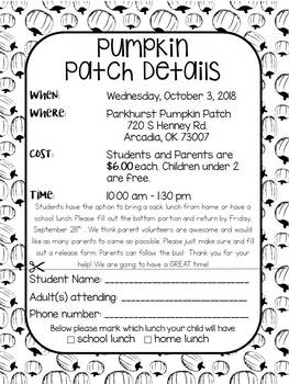 Pumpkin Patch Field Trip Reminder/General Info Note- Editable | TpT