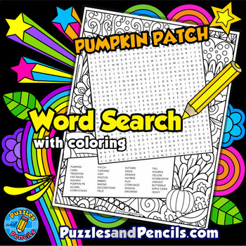 Preview of Pumpkin Patch Word Search Puzzle Activity Page with Coloring | Fall Puzzle