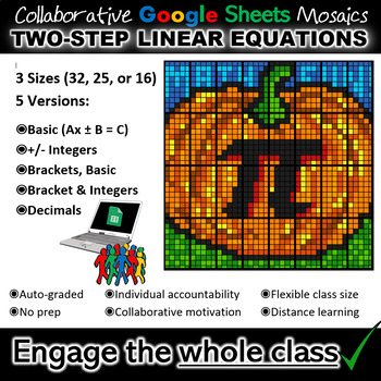Preview of Pumpkin Pi, 2-Step Equations Google Mosaic (3 Class Sizes, 5 Versions Each)