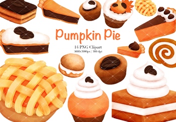 Preview of Pumpkin Pie Clipart. Watercolor Thanksgiving Dessert Clipart.