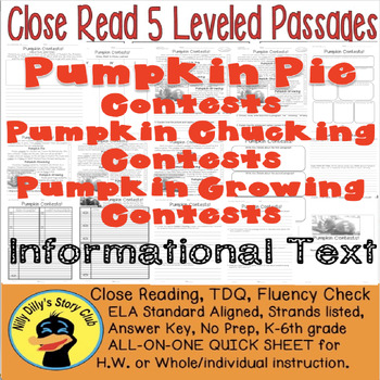 Preview of Pumpkin Pie, Pumpkin Chucking, Growing Contests CLOSE READING 5 LEVEL PASSAGES!!