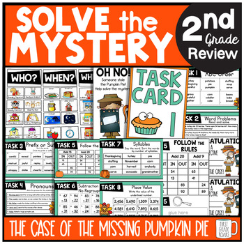 Preview of Pumpkin Pie Solve the Mystery Math & ELA Task Card Activity 2nd Grade