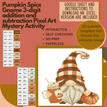 Preview of Pumpkin Spice Gnome 3-digit Addition and Subtraction Pixel Art