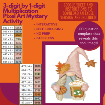 Preview of Pumpkin Spice Gnome 3-digit by 1-digit Multiplication Pixel Art Mystery Reveal