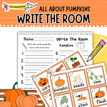 Preview of Pumpkin Write The Room Activity | October | Handwriting & Fall Vocabulary  K-2